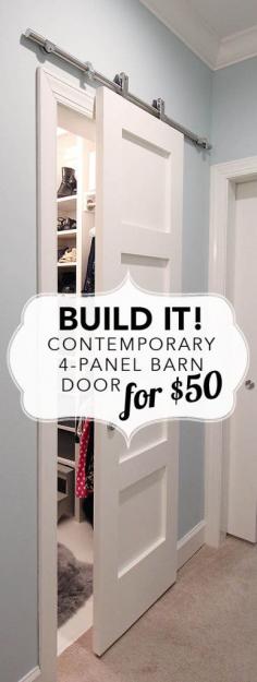 
                    
                        Build a modern barn door in a contemporary 4 panel style for $50. Blogger provides a complete how to and plans.
                    
                