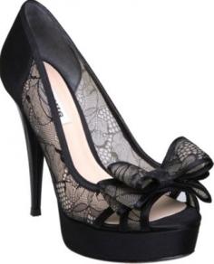 Black Lace Peep Toe Pump with Bow Ribbon