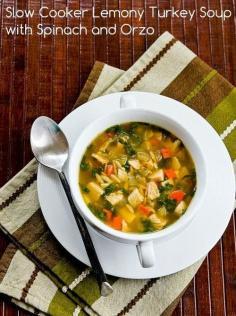 
                    
                        Recipe for Slow Cooker Lemony Turkey or Chicken Soup with Spinach and Orzo; make this delicious soup whenever you have leftover turkey or chicken! [from KalynsKitchen.com] #SlowCookerTurkeySoup
                    
                