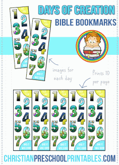 
                    
                        Days of Creation Bible Bookmarks.  Learn what God created each day with these fun, colorful bookmarks.
                    
                