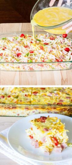 
                    
                        Easy Denver Omelet Hash Brown Casserole - beaten eggs are poured over a mix of hash browns, bell pepper, onion, tomato, garlic, and cheese; and baked
                    
                