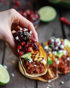 Chipotle Quinoa Sweet Potato Tacos with Roasted Cranberry Pomegranate Salsa - Half Baked Harvest ...substitute with vegan cheese