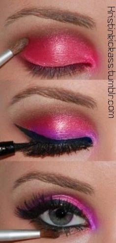 Pink eyeshadow with cat eye.