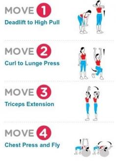 15 minute full body workout. 10 reps of each exercise (pick a challenging weight), then do 2 minutes of cardio (run, jump rope, jumping jacks). Complete three rounds.