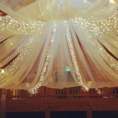 How can we do this – it is so pretty! DIY Decor For Over Dance Floor : wedding ceiling decor draping paper lanterns reception reception decor Draping @ Wedding Ideas. Sheer fabric and icicle christmas lights hung inbetween the overlay. All pinned at the top and sides.