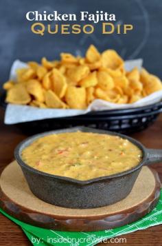 Chicken Fajita Queso Dip - Velveeta cheese and Rotel tomatoes get a fun chicken fajita twist in this queso. This would make a great dish for any party!