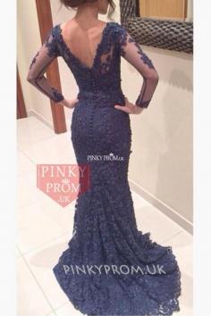 Dark navy lace long prom dress with Sexy deep V back and neckline - pinkyprom.uk