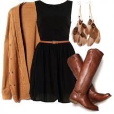 Classy! - Black Dress, Camel Cardigan, Brown Belt and Boots. Create this lovely Fall look in store at Fashion Bee Virtual Boutique.