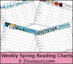 
                    
                        Free Spring Weekly Reading Charts: 2 types books and minutes or tally markers - 4 colorful tops flowers, rain, flower & butterfly, kite - 3Dinosaurs.com
                    
                