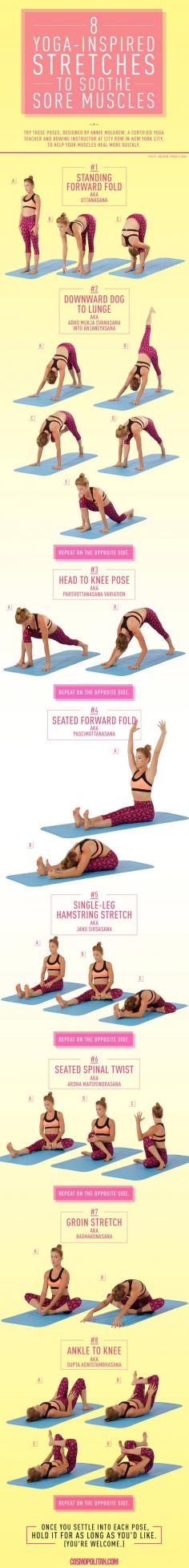 
                    
                        Yoga Stretches for Sore Muscles by cosmopolitan: When you work out, your muscles contract and shorten, which can leave you feeling stiff. Stretching increases blood flow to the muscles to relieve this stiffness, lengthen muscles, and improve your flexibility for a greater range of motion (and lower risk of injury) the next time you work out... #Yoga_Stretches #Sore_Muscles
                    
                