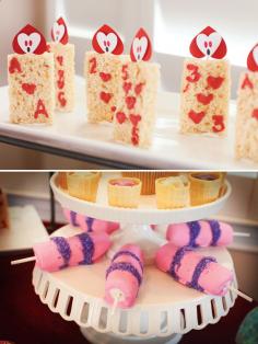 
                    
                        Whimsical Alice in Wonderland Birthday Party. The cheshire cat tails made from marshmallows are awesome.
                    
                