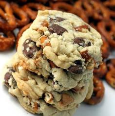 Chocolate  Peanut Butter Chip Pretzel Cookies  Makes 24 cookies  Ingredients:  1 1/2 cups of all purpose flour  1/2 tsp. of salt  1/4 tsp. of baking soda  1/2 cup of butter at room temperature  1/2 cup of tightly packed light brown sugar  1/3 cup of granulated sugar  1 egg (beaten)  1 tsp vanilla extract  1 cup milk chocolate chips  1/2 cup peanut butter chips  1/2 cup broken up pretzel pieces  Preztel Salt or Sea Salt  Directions:    In a medium bowl, sift together the flour, baking soda,