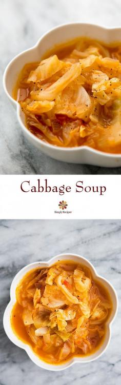 
                    
                        Cabbage Soup! A simple, healthy, nourishing soup with cabbage, chicken stock, onions and tomatoes. On SimplyRecipes.com
                    
                