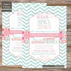 Invitation idea... Girls baby shower invitation coral, mint,  shabby chic,  sugar & spice- digital file, printable