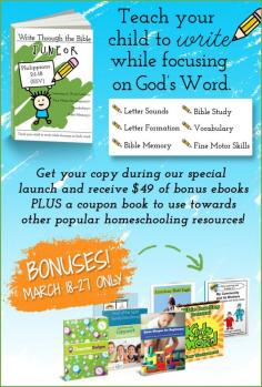 
                    
                        LAST DAY to get $49 worth of bonuses when you buy the BRAND NEW Write Through the Bible, Junior curriculum!  Write Through the Bible, Junior is a new interdisciplinary study you can use to teach your young child to write while focusing on God’s word. This curriculum, geared towards 4-6 year olds, is a full-year curriculum. Check it out and download the first lesson for FREE!!
                    
                