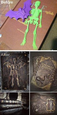 
                    
                        DIY Spell and Potion Book Tutorial from Better After. This is a really good tutorial using plastic toys, a glue gun, cardstock, paper towels etc… This DIY is based on a tutorial by SEEING THINGS - my favorite Halloween Blog that had great printables and tutorials and is now DEAD & GONE. This is why if I see a printable I like, I don’t wait until later to download it.
                    
                