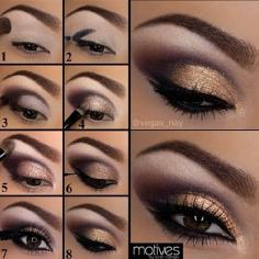 golden eyeshadow makeup tutorial. possibly use with red glitter eye shadow.