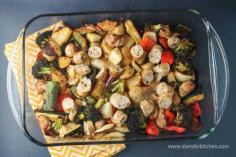 
                    
                        Sausage, Potato, and Veggie Bake - ready in only 25 minutes, a simple one dish meal for under 300 calories
                    
                