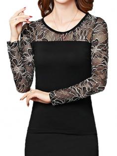 
                    
                        Chic Pure Color Round Collar Lace High Quality Perspective Long Sleeve T-Shirt #shirt #fashion
                    
                