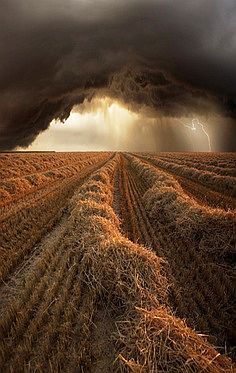 Dark storm cloud beautifully contrasted by lighter sky behind and farm field in foreground...time to head to the basement?