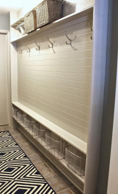 turn a narrow hallway into a mudroom using just 5 inches - very functional and great use of small space!    For new entry way