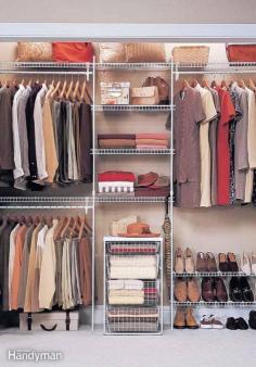 Make the most of closet space with wire shelving and accessories.  Rob did this in our master bedroom closet and doubled our storage space; it made such a difference!