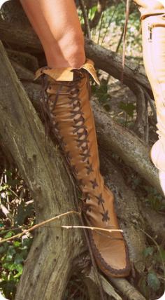 Tan Knee High Leather Boots With Madagascar Lacing