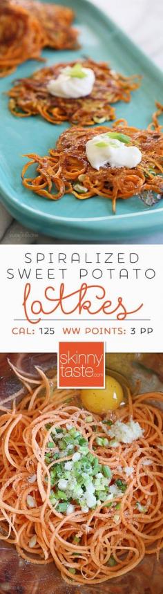 
                    
                        Spiralized Sweet Potato Latkes – an easier, healthier, sweet potato pancake.
                    
                