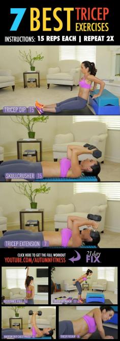 
                    
                        Seven upper body moves that will stoke your calorie burn and get you ready for the beach. Today's Tricep Workout: Tricep Dip, Skull Crusher, Tricep Extension, Tricep Kickback, Resistance Pull, Narrow Grip Chest Press, Tricep Pushup
                    
                