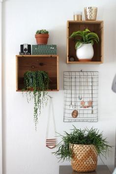Simple Wall Decor. Wooden Shelves, Wire Basket Jewelry Hanger
