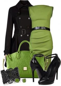 Light green hand bag high heel black shoes, jacket and cocktail dress for ladies. Love the color combo!