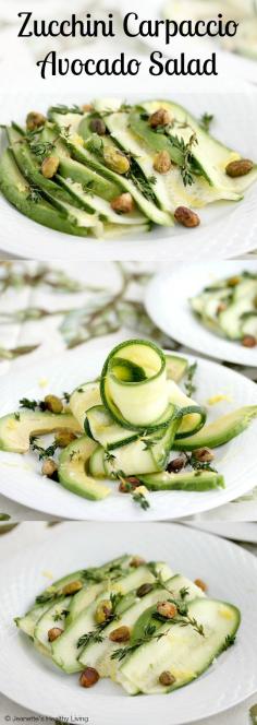 
                    
                        Zucchini Carpaccio Salad with Avocados, Pistachios and Pistachio Oil - an elegant and light salad that will impress your guests ~ jeanetteshealthyl...
                    
                