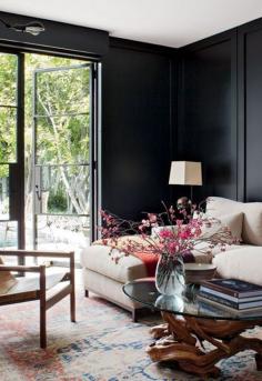 black walls patterned rug organic #interior decorating #living room design #living room design #home design #luxury house design| http://wonderfulhomedesigndreamhouse.blogspot.com