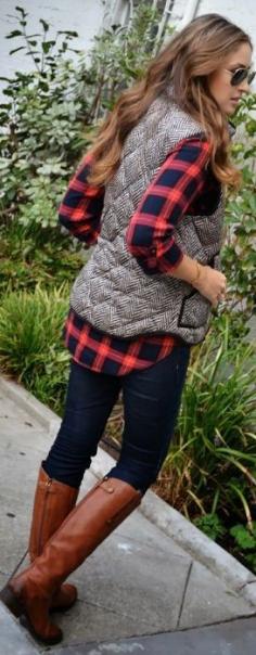 fall outfit - plaid shirt, vest, skinny jeans, riding boots