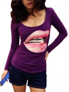 
                    
                        Attactive Mouth Pattern Round Collar Long Sleeve Sexy Huggings Backless T-Shirt For Girls #shirt #fashion
                    
                