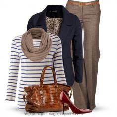 Chic Professional Woman Work Outfit. I would do a navy blazer, white button-down, taupe/camel pants, and a red pump.  Need neutral pants and navy blazer to complete this look.