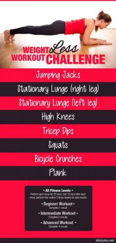 
                    
                        WeightLESS Workout Challenge -This challenging bodyweight workout is designed to burn fat, tone, and define, while simultaneously increasing balance and strength. See videos for demos of all moves. #fitness #workouts #fatburningworkouts
                    
                