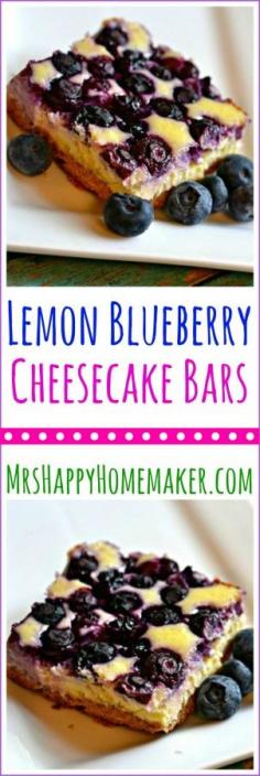 
                    
                        These Lemon Blueberry Cheesecake Bars are absolutely divine. Sweet, tart, creamy – deliciousness! They’re really easy too & that’s definitely an added plus! | MrsHappyHomemaker... Mrs Happy Homemaker®
                    
                