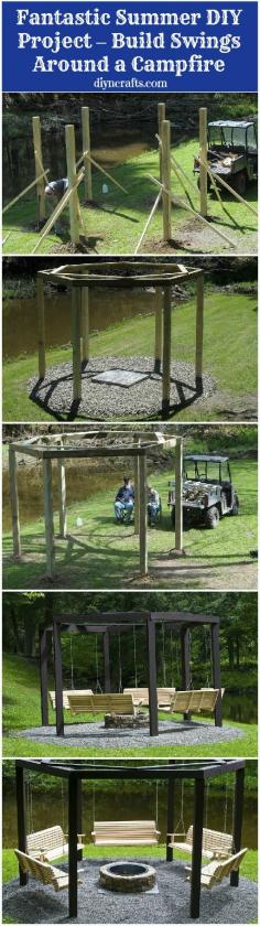 
                    
                        Fantastic Summer DIY Project – Build Swings Around a Campfire. --> I love this idea; wonder how it'd look with maybe two single seats on one side, a love seat or triple bench on the second side, and making the last side suited for a hammock instead..
                    
                