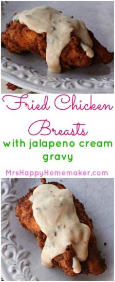 
                    
                        These Fried Chicken Breasts with Jalapeño Gravy are the kicked up version of a Southern classic & are absolutely delicious. It’s super simple to make too! | MrsHappyHomemaker... @thathousewife
                    
                