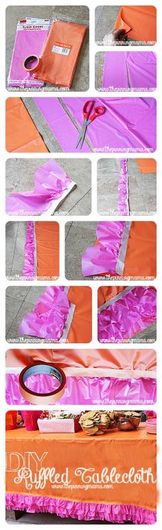 
                    
                        I am totally doing this for my daughter's birthday! So simple!  DIY Easy No Sew Ruffled Tablecloth - Click here for instructions! #party #nosew
                    
                