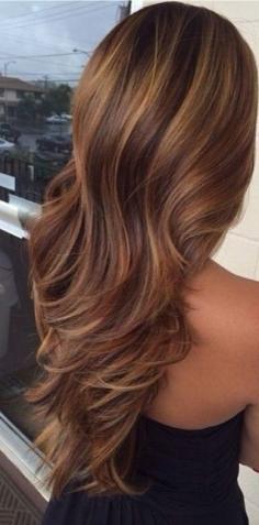 I want this hair color & highlights!   Beautiful Brunette Hair with highlights and Layers. It's hard to get highlights right for dark hair, but this looks great!
