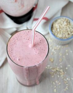 strawberries and cream oatmeal smoothie - 1 cup frozen strawberries, ½ cup vanilla yogurt,  ¾ cup milk, ½ cup uncooked oatmeal, 1 tsp vanilla extract (optional). Serves 2. (Could maybe substitute the milk for almond milk, and the yogurt for greek yogurt.)
