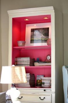 
                    
                        Painting the inside of a bookcase for a pop of color. Maybe find an old bookshelf for Paxtyns room.
                    
                