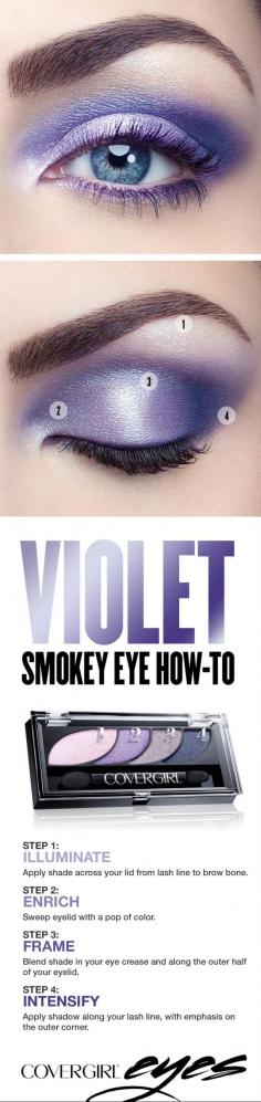 
                    
                        Try this step-by-step tutorial for a dramatic purple smokey eye, featuring COVERGIRL Eyeshadow Quads in Notice Me Nudes. The COVERGIRL Eyeshadow Quads palette makes it easy, with numbered steps to help you get the gorgeous looks you want. Perfect for any occasion when you’d like to try something other than a standard black smokey eye.
                    
                