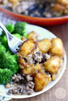 
                    
                        Gluten-free Skillet Tater Tot Casserole is the childhood classic made in one skillet and without condensed soup! #comfortfood #glutenfree | iowagirleats.com
                    
                