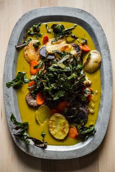 coconut curry with potatoes, carrots and crispy collard greens {edible perspective}.  looks so yummy.