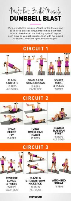 Perfect for an at home workout. #fitness #dumbbell #workout #circuit Popsugar ---> http://www.fitsugar.com/Printable-Workout-Full-body-Dumbbell-Circuit-33387453