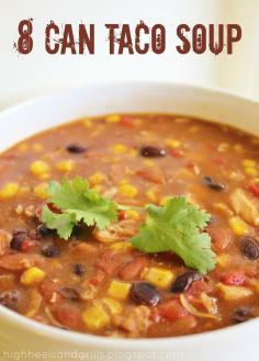 Good back up meal to have on hand. 8 Can Taco Soup: less than 300 calories per cup! 1 (15 oz.) can black beans, drained and rinsed 1 (15 oz.) can pinto beans, drained and rinsed 1 (14.5 oz.) can petite diced tomatoes, drained 1 (15.25 oz.) can sweet corn, drained 1 (12.5 oz.) can white chicken breast, drained, 1 (10.75 oz.) can cream of chicken soup, 1 (10 oz.) can green enchilada sauce, 1 (14 oz.) can chicken broth, 1 packet taco seasoning