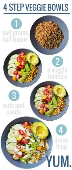 
                    
                        4 Step Rainbow Veggie Bowls with Jalapeño Ranch // vibrant and fresh layers of veggies, grains, nuts and avocado via Pinch of Yum #healthy
                    
                